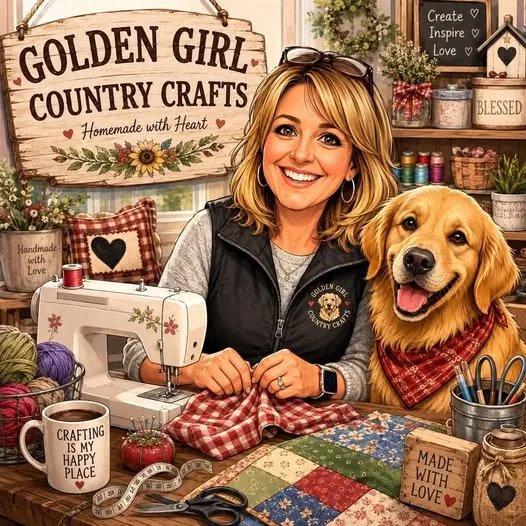 The maker behind Golden Girl Country Crafts with a golden retriever in the craft room