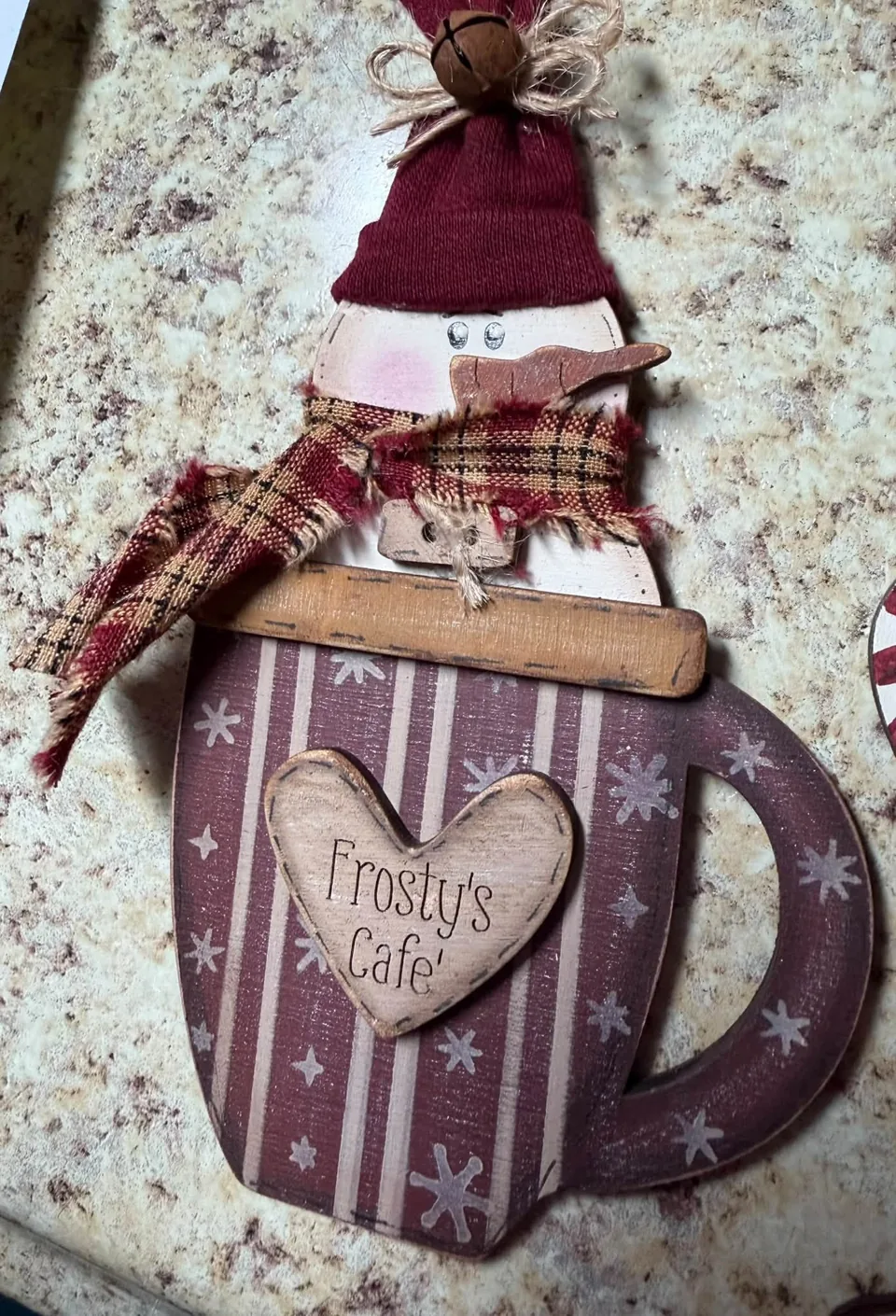 Finished snowman mug ornament with heart detail